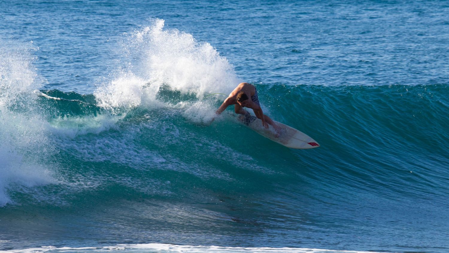 A surfer carves through a clean turquoise wave on a longboard in sunny conditions.