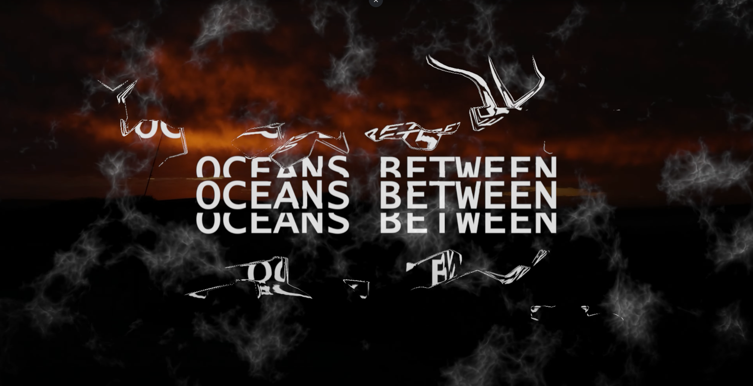 Dark artistic graphic with repeated text Oceans Between over dramatic cloudy sky background.