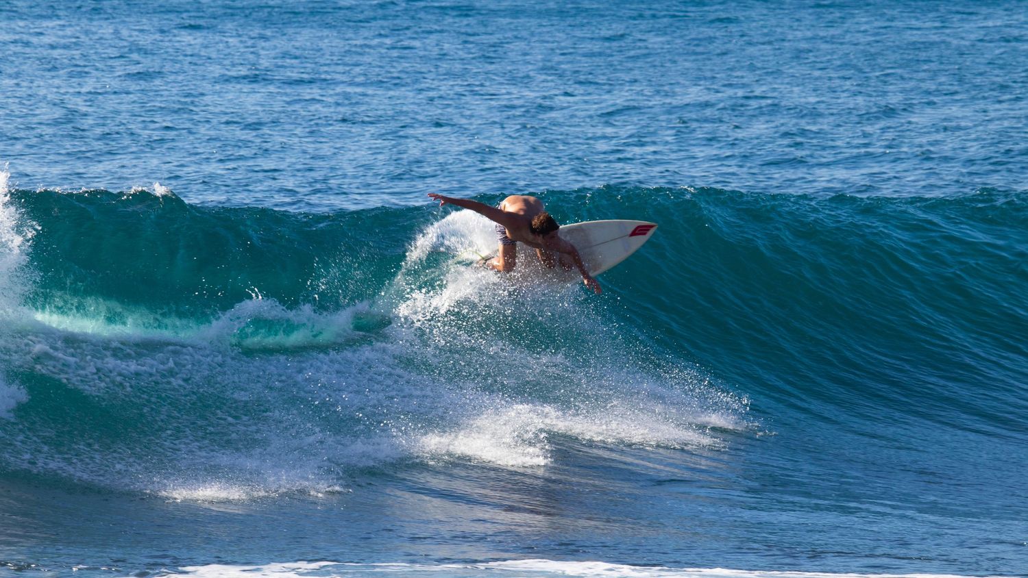 Surfer carving through a turquoise wave on a white surfboard in calm blue ocean.