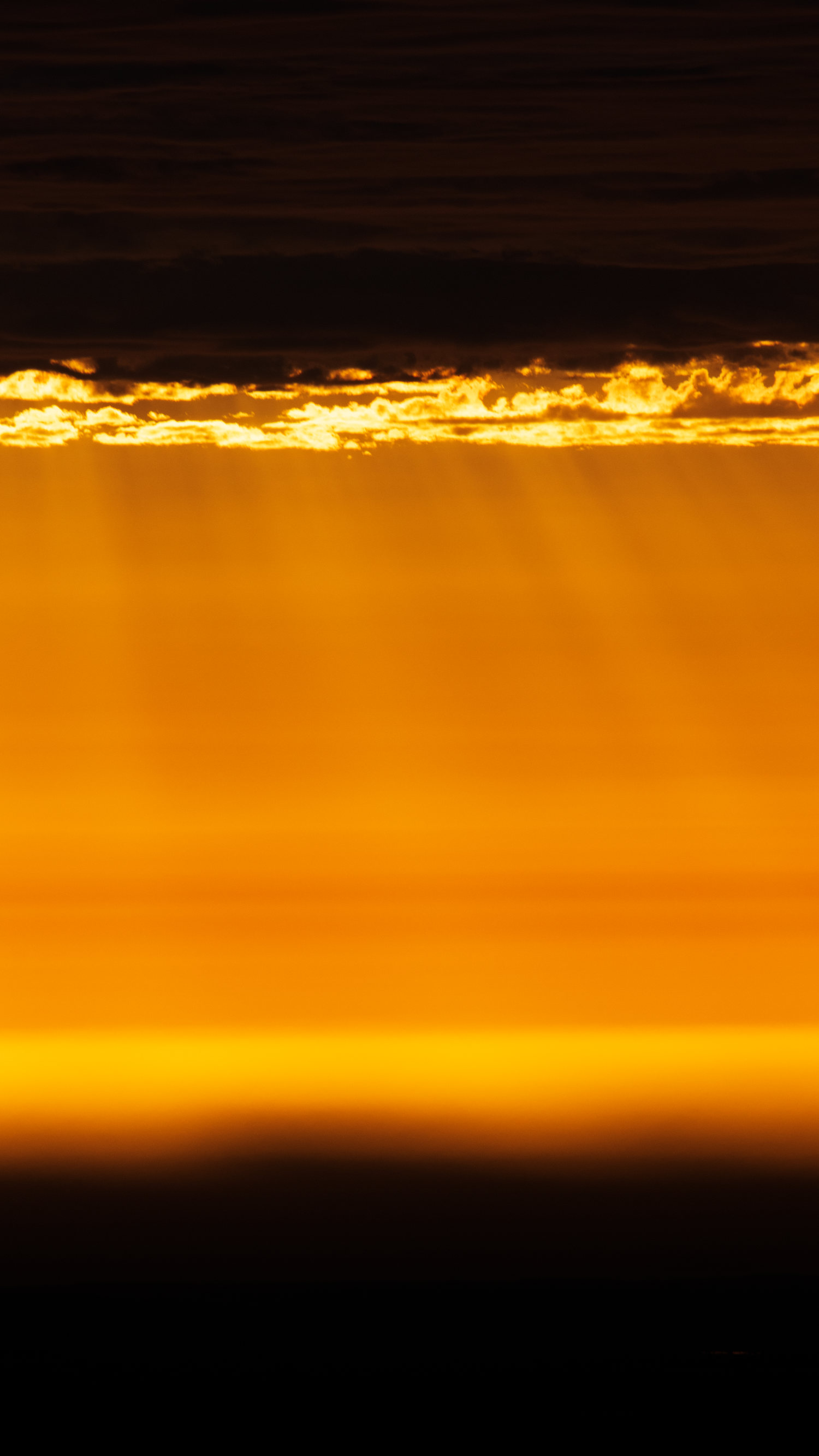 Brilliant golden sunset with rays of light streaming through dark clouds over a glowing amber horizon.