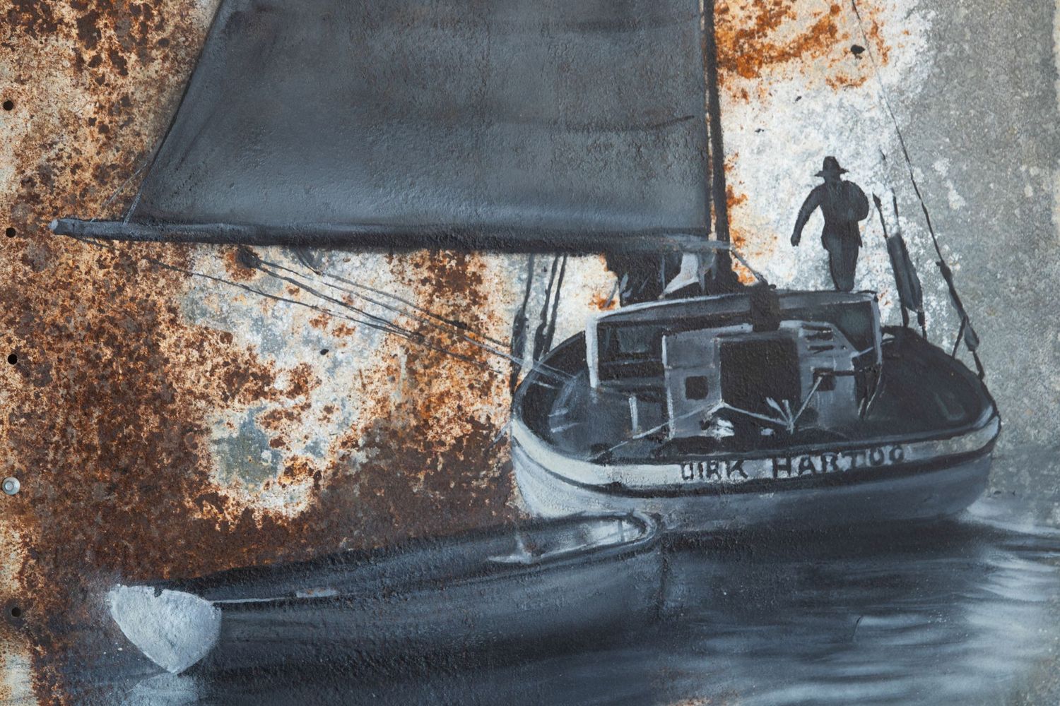 Vintage painting of the Dirk Hartog sailing vessel with a lone figure on deck against rusty metal background.