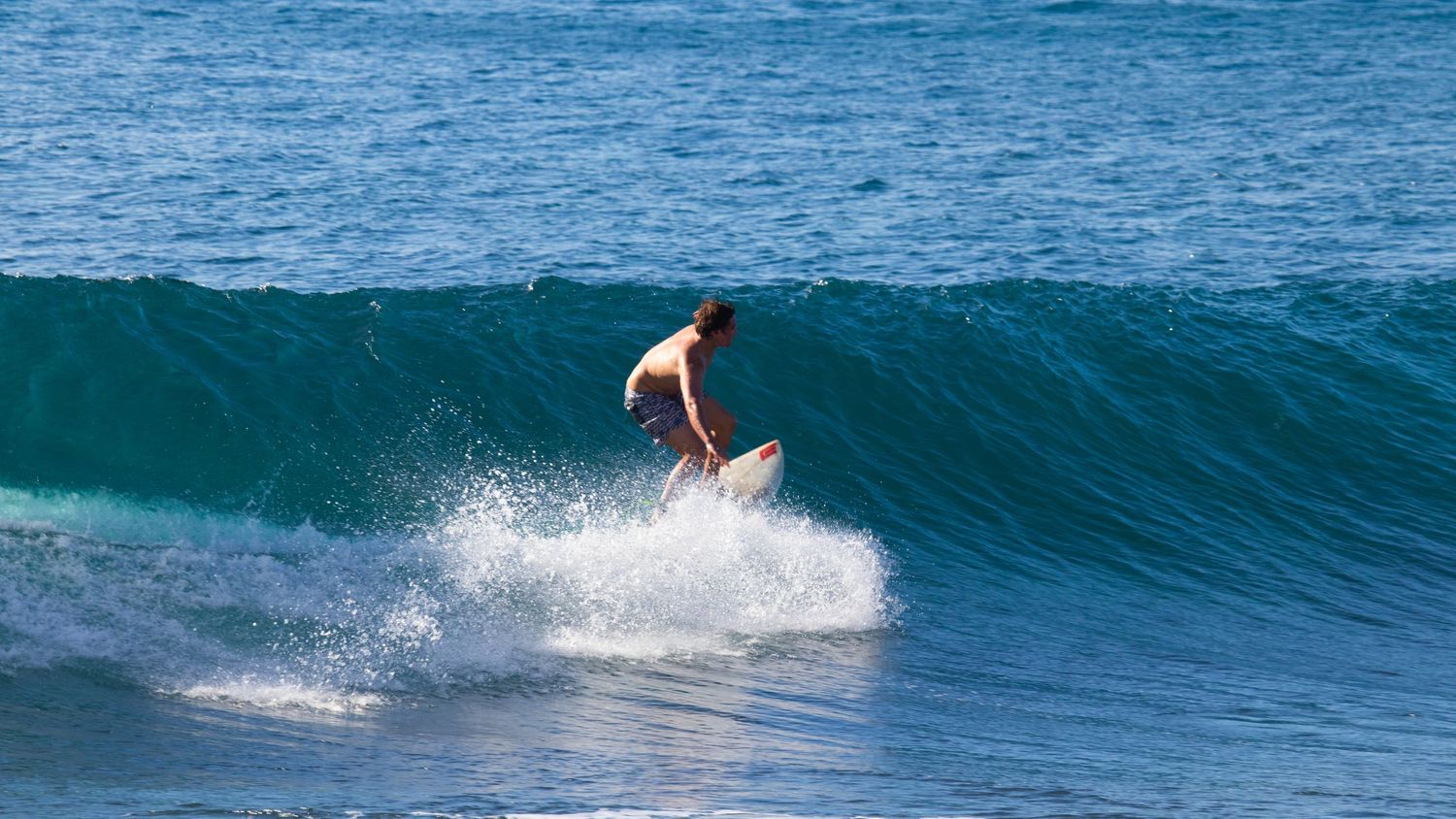 Shirtless surfer gracefully riding a small turquoise wave on a white surfboard in calm blue ocean.