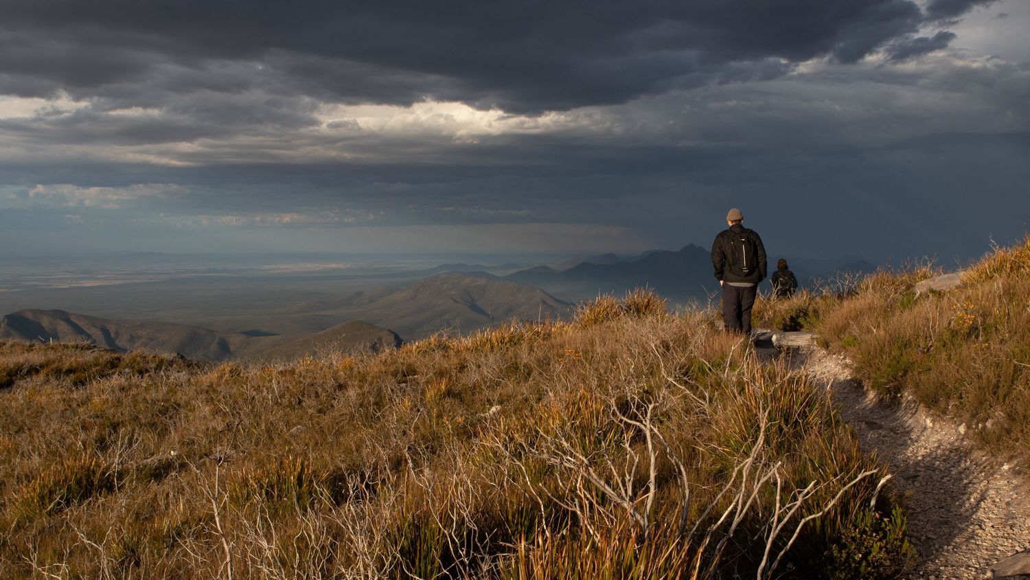 Hiker and dog on mountain trail with dramatic storm clouds over vast valley landscape.