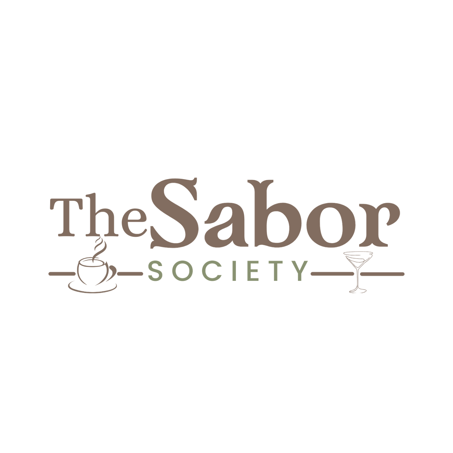 Brown text logo design for The Sabor Society with coffee cup and decorative line elements.