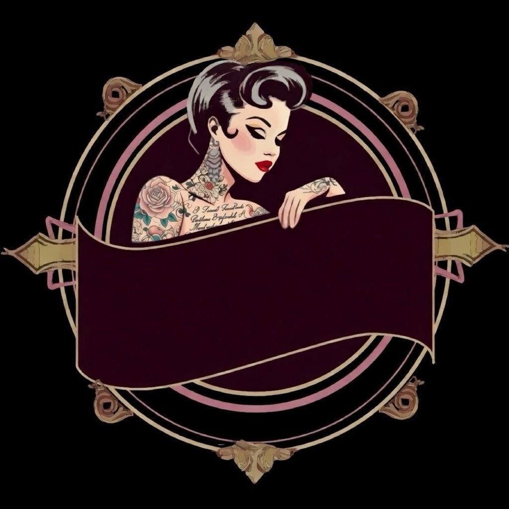 Vintage art deco style banner designs with ornate oval frames and decorative elements in dark burgundy and gold tones.