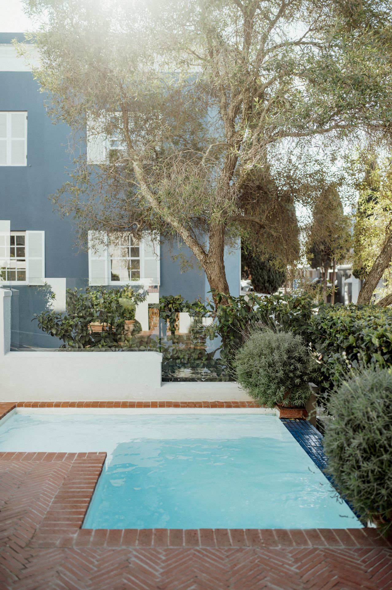 A tranquil blue swimming pool surrounded by lush trees and white buildings in a serene backyard setting.