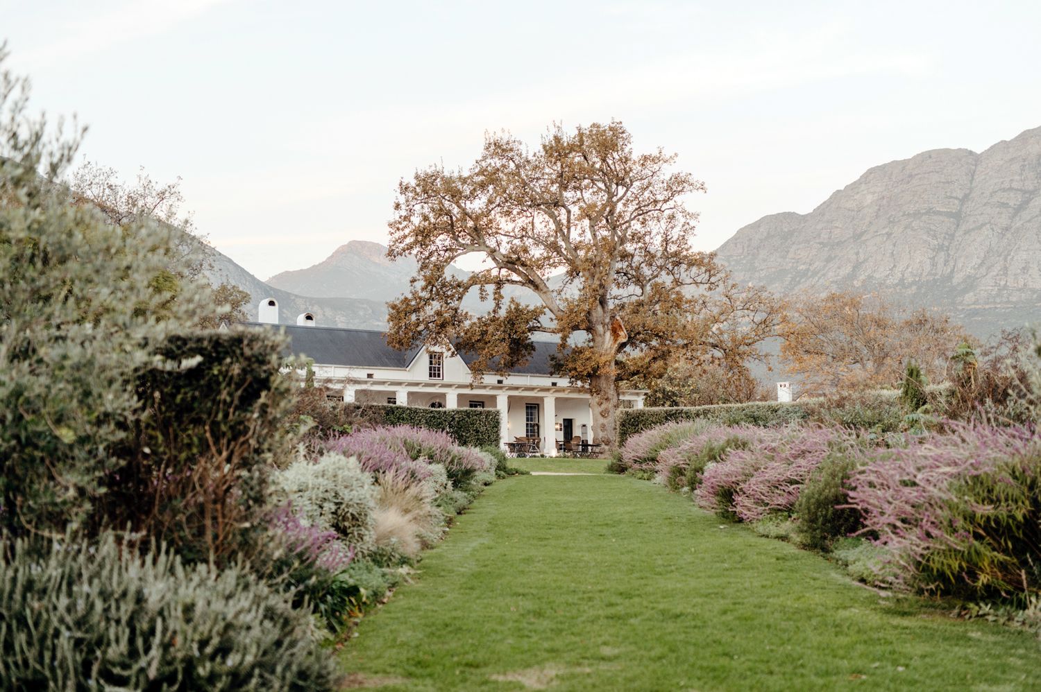 A manicured garden path with flowering borders leads to a white building beneath autumn trees and mountains.