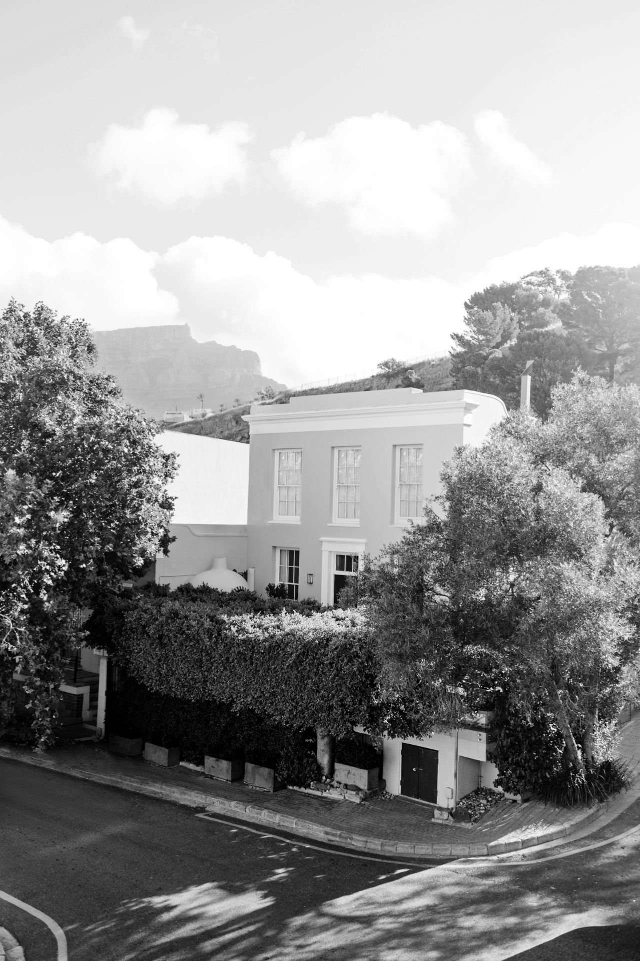 Black and white panoramic view of suburban houses with trees and shadows casting across a residential street.