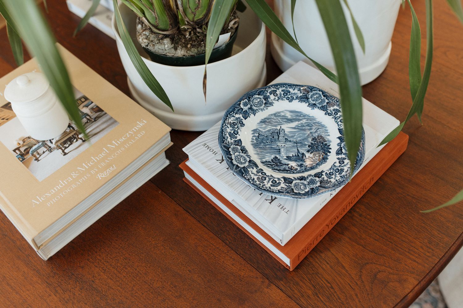 A collection of small potted succulent plants arranged on a wooden surface with books and decorative items.