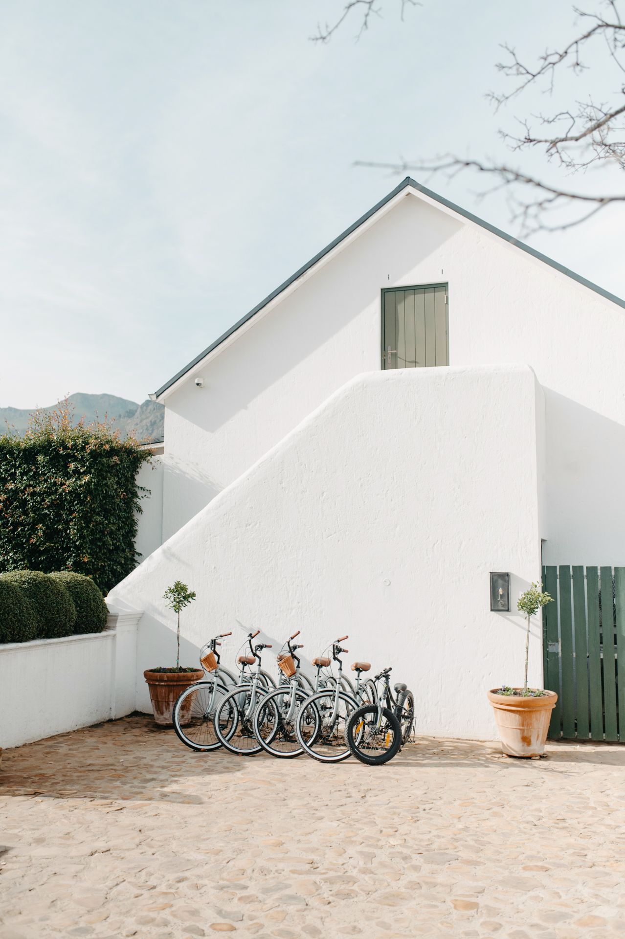 Four white bicycles parked against a minimalist white wall with stone paving and potted plants in a serene setting.
