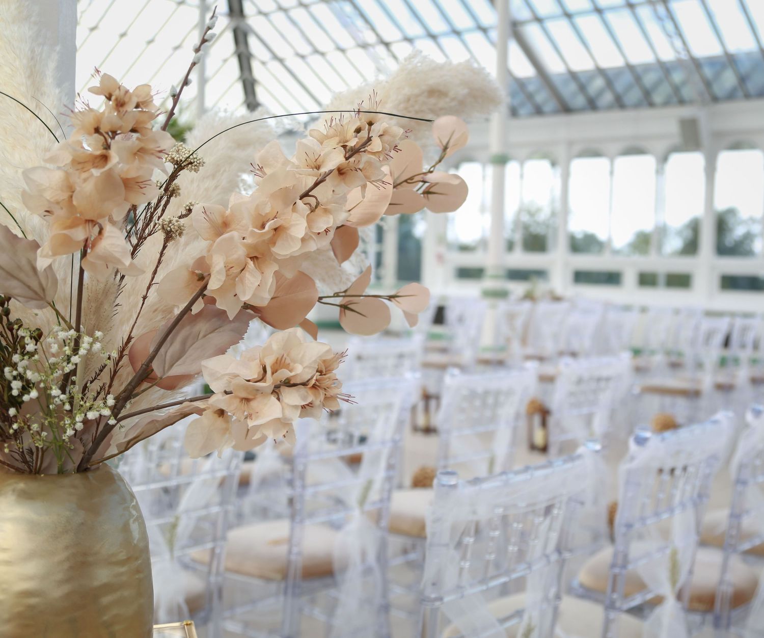 Wedding ceremony set up at Isla Gladstone Conservatory, Stanley park, Liverpool. Ruby Salmon Photography Ltd.