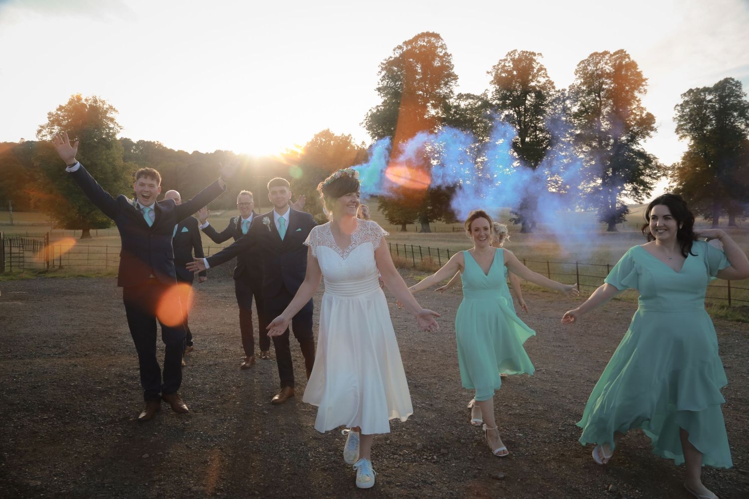 Bridal party at sunset. Cheshire wedding photographer, Ruby Salmon Photography