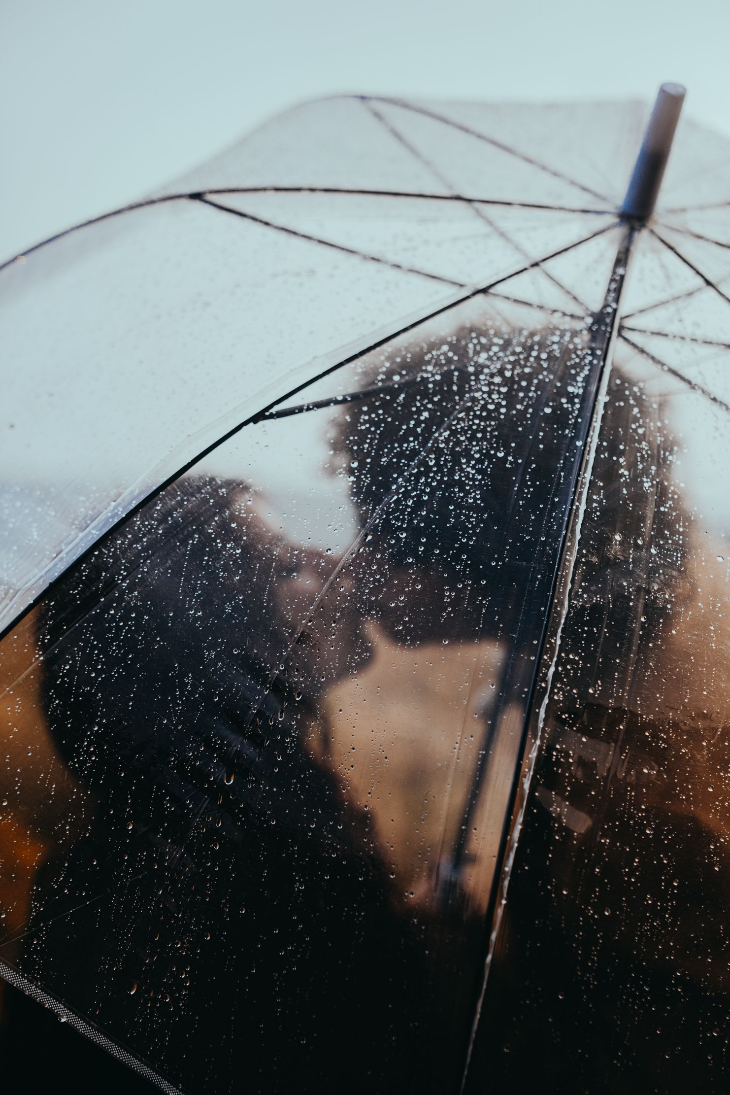Clear umbrella with raindrops against soft focus background creating romantic silhouette.