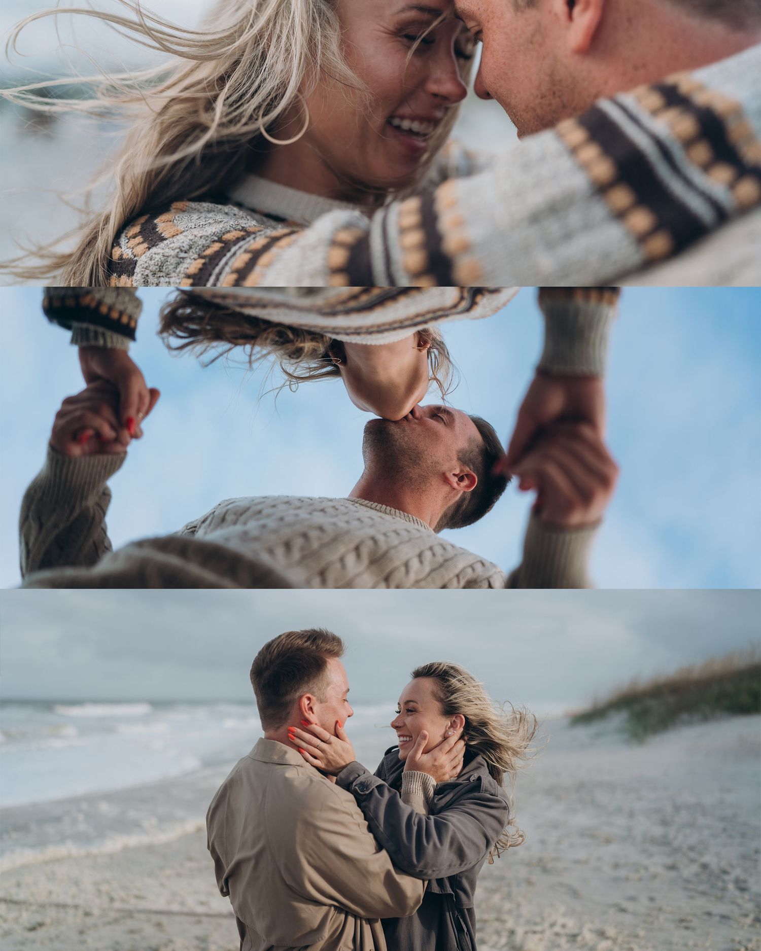 Romantic couple embraces on a beach at sunset with wind blowing through their hair.