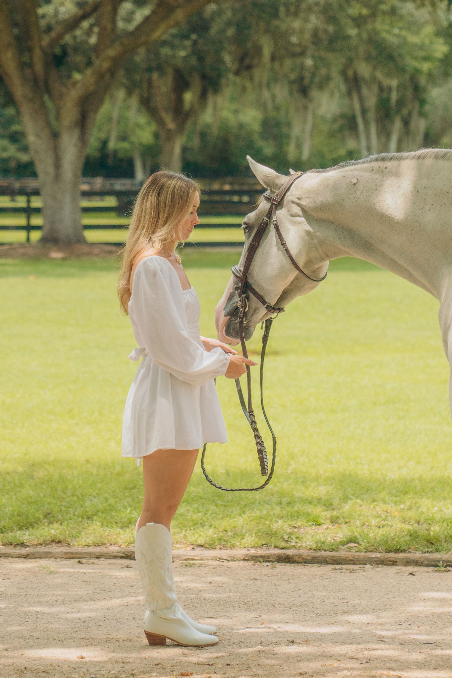 White horse with rider in flowing white dress against pastoral background.