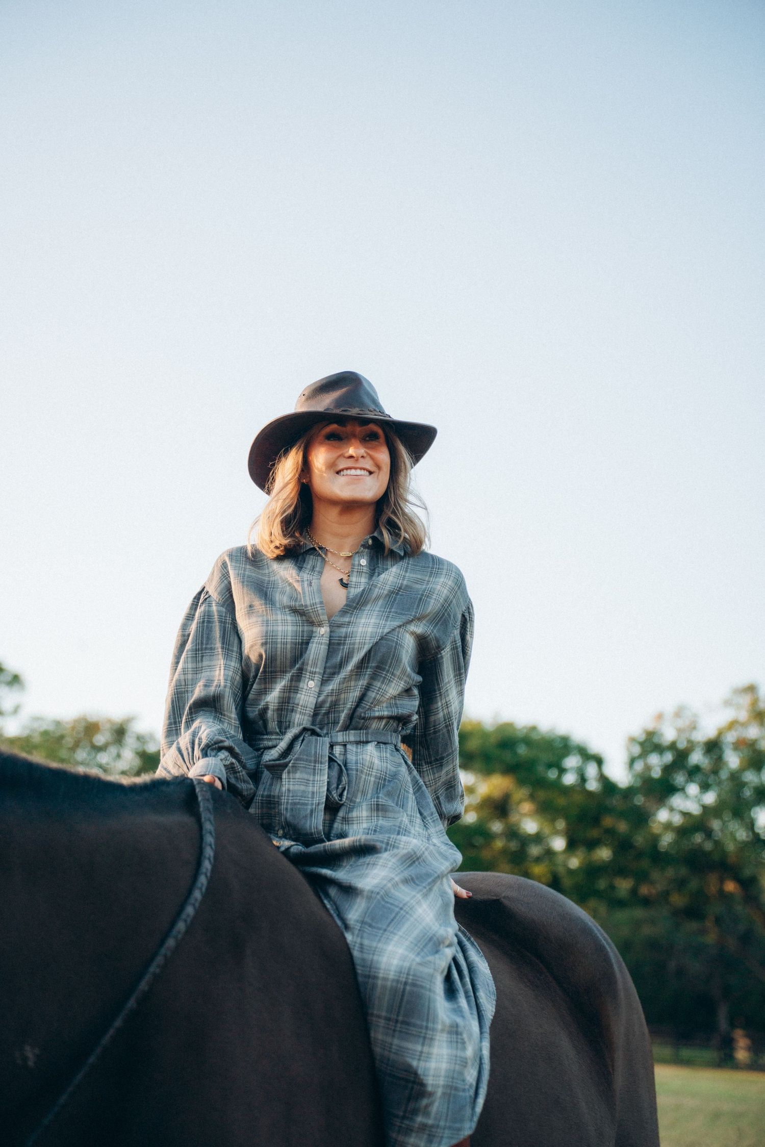 A rider in plaid and hat sits atop a dark horse against a blue sky.