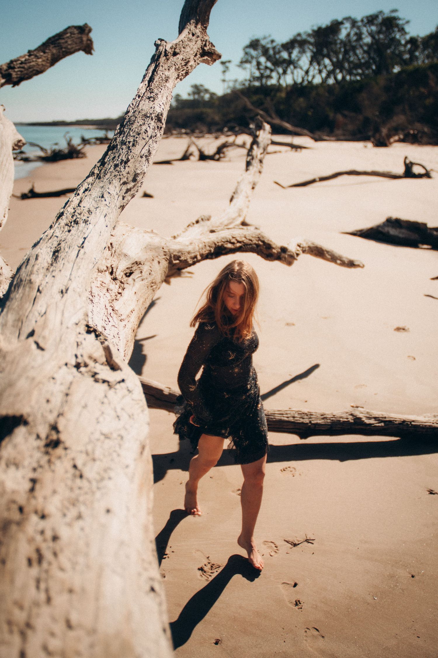 A sequence of beach photos featuring someone in dark clothing moving playfully around weathered driftwood on sandy shores.