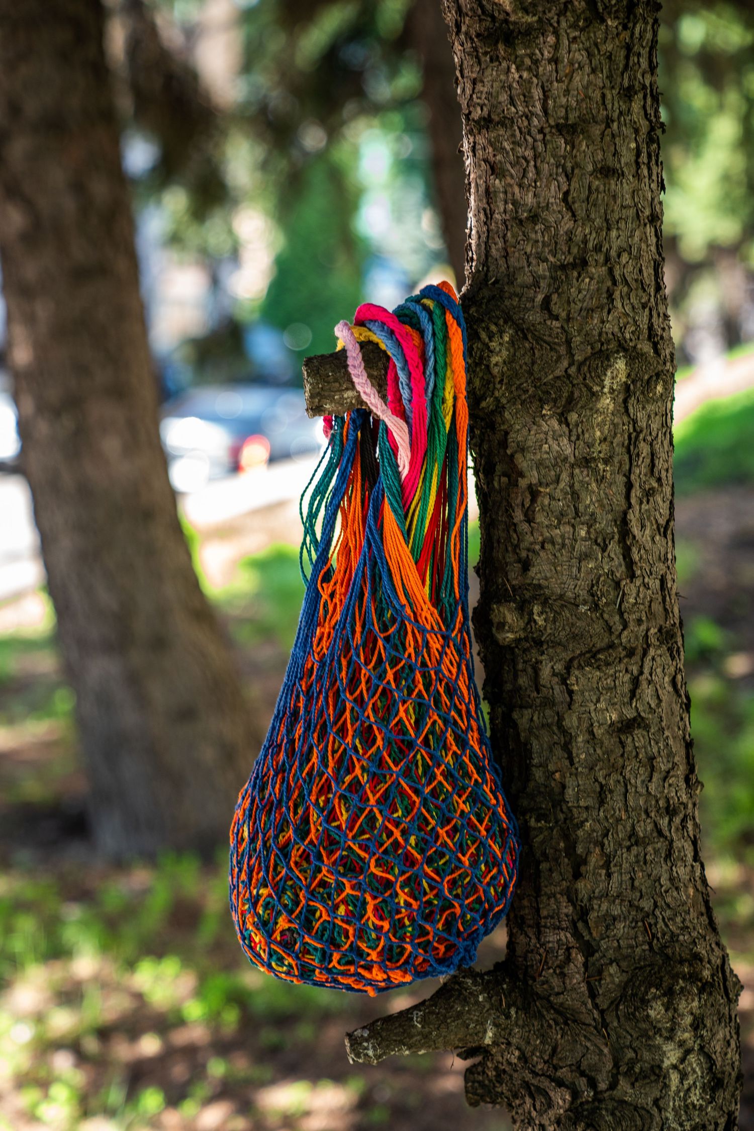 Colorful crochet net bag hanging on a tree trunk outdoors in a sunny park.