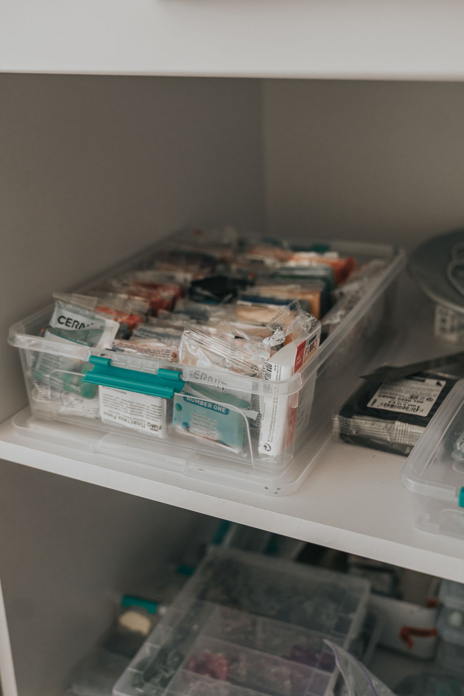 Clear plastic storage containers filled with medical supplies and medications organized neatly on white shelving unit.