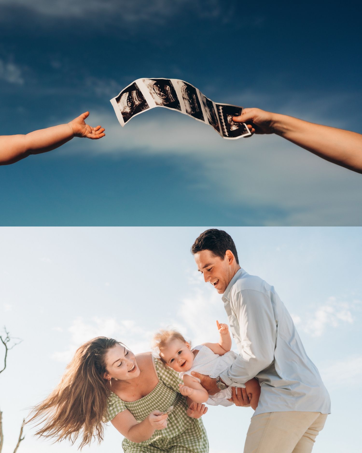 Happy family with baby outdoors under blue sky, with ultrasound photos held above, announcing pregnancy milestone.