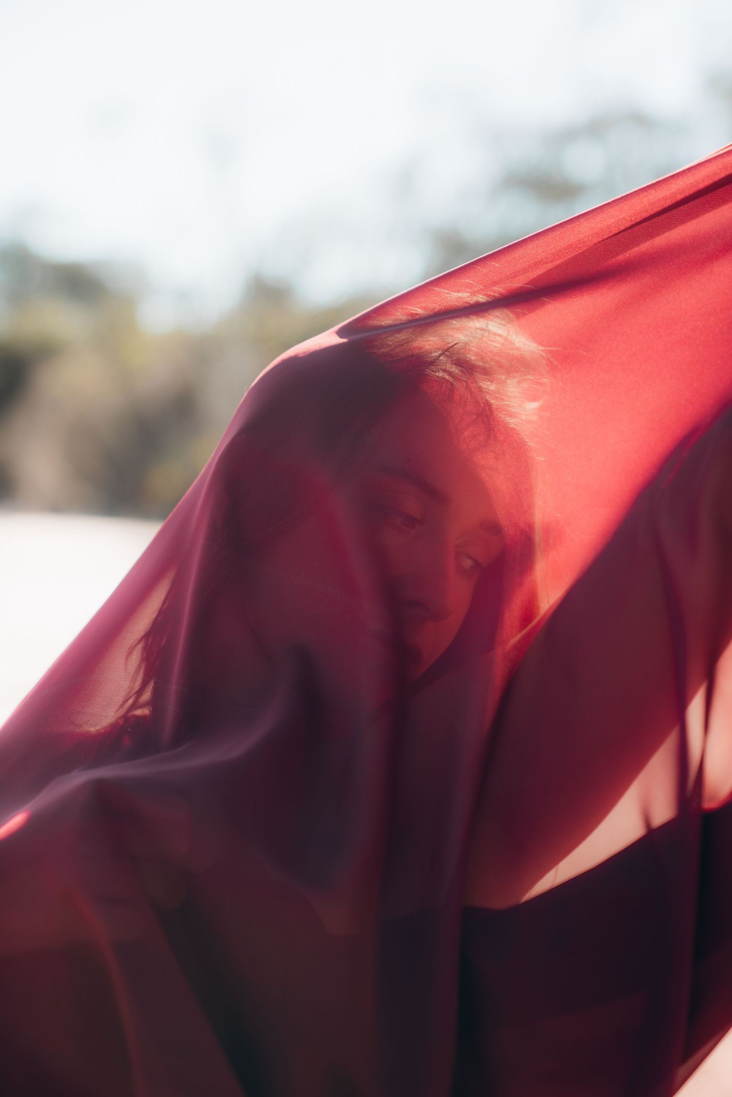 Red translucent fabric flowing in sunlight creating ethereal shadows and light patterns.
