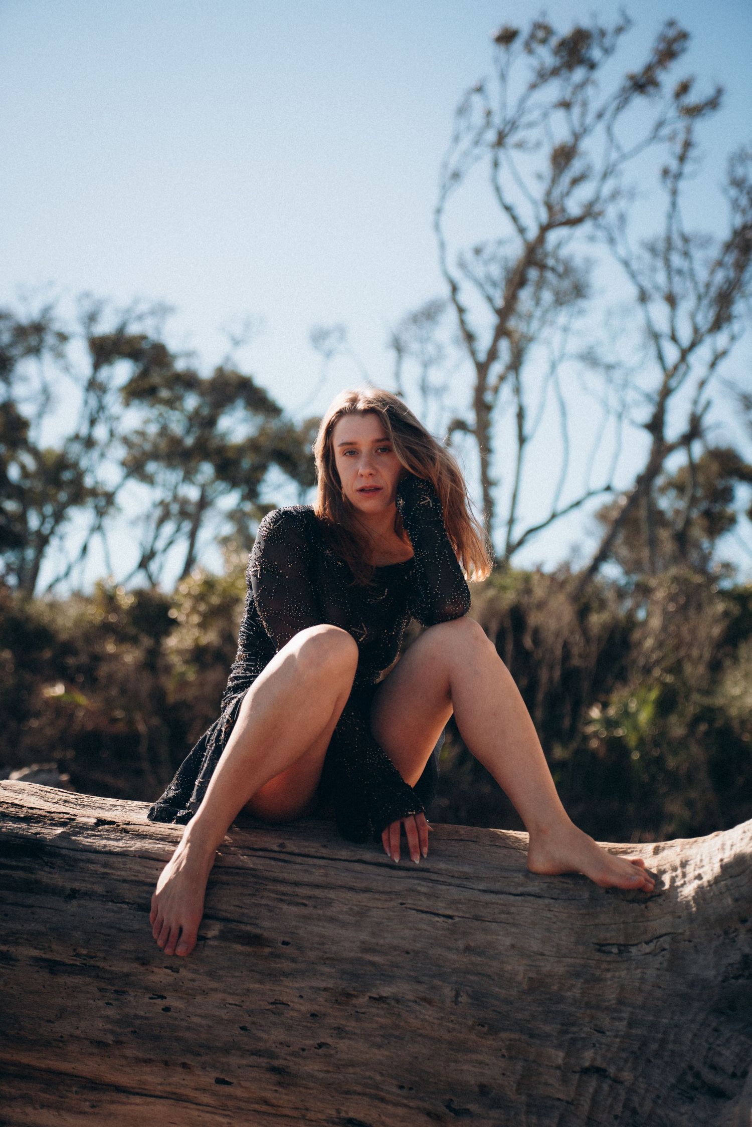 A series of outdoor portraits showing someone in black clothing posing on a fallen tree trunk against a natural backdrop.