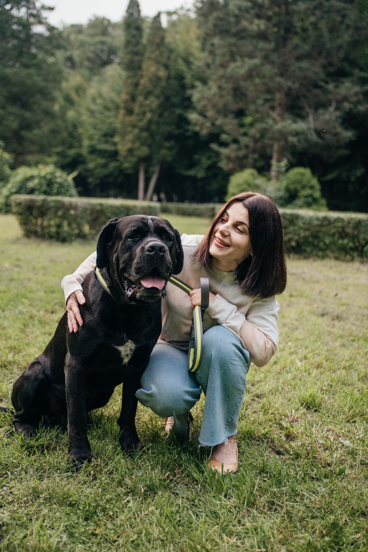 Young woman smiling and hugging a large black Cane Corso dog on green grass in a park.
