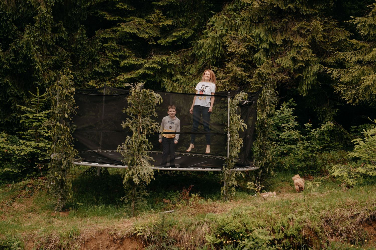 Two children jumping on a trampoline surrounded by tall green trees in a forest backyard.