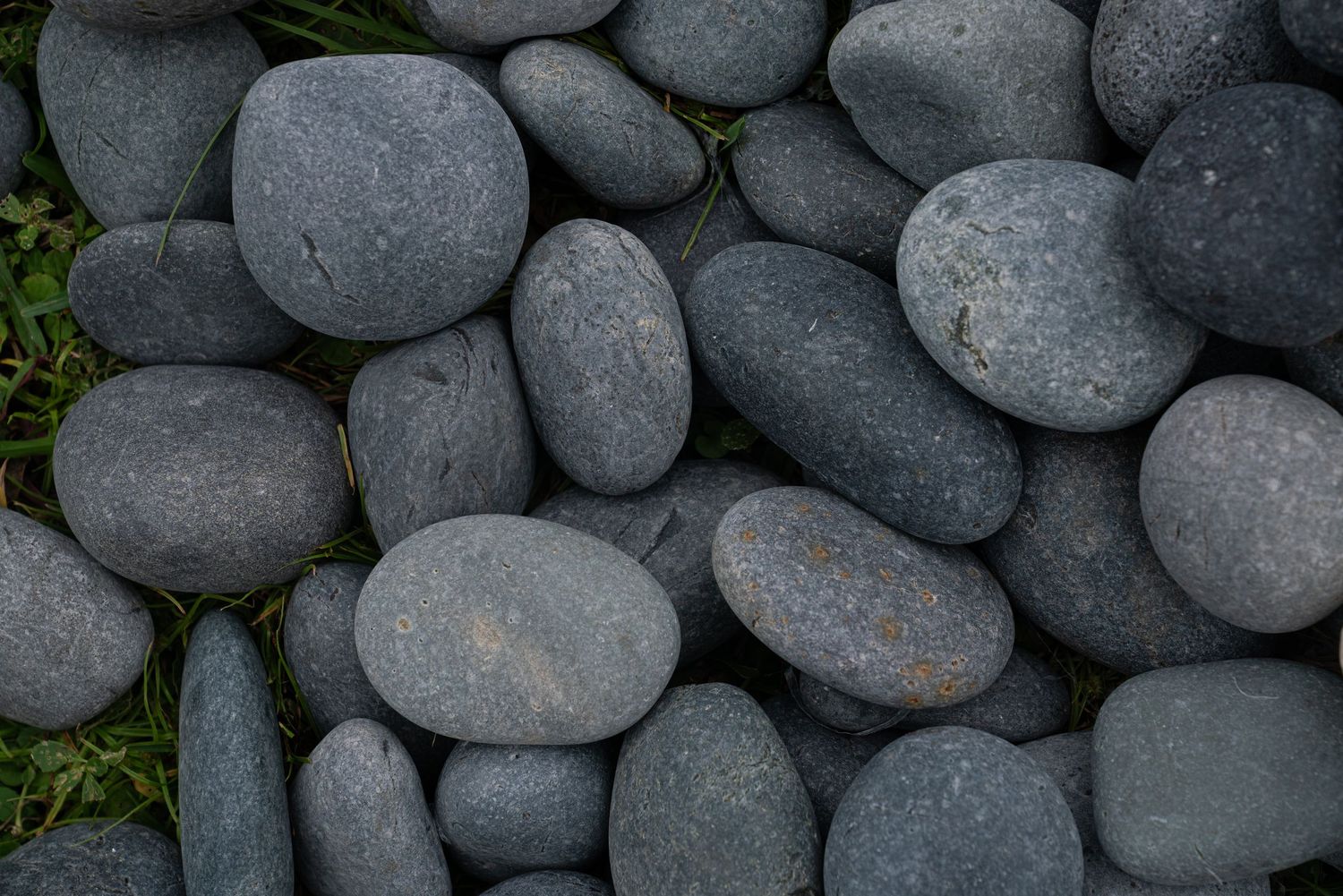Smooth dark gray river rocks and pebbles arranged on green grass, perfect for landscaping and garden decoration.