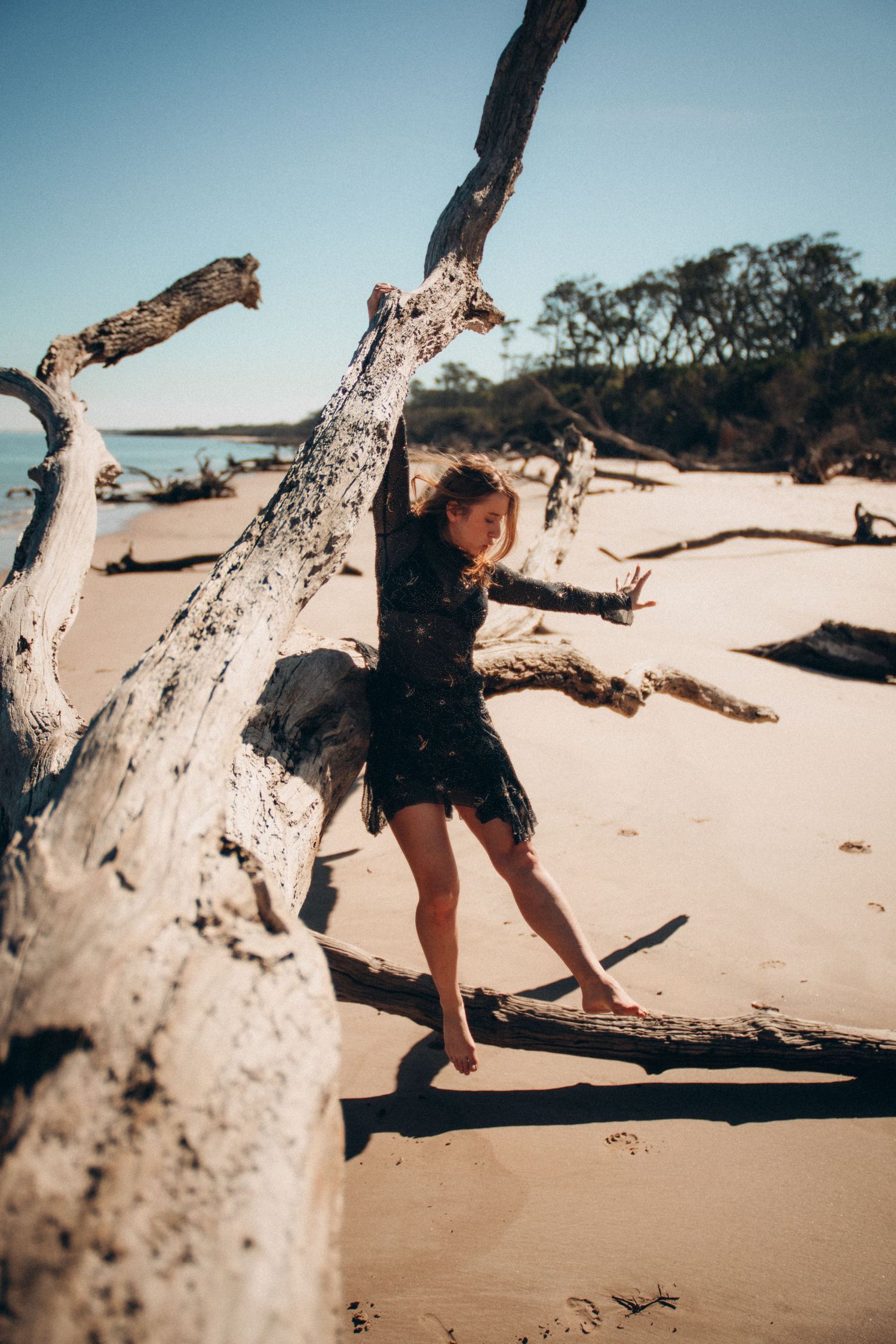 A series of five connected photos showing someone climbing over a fallen tree trunk on a sandy beach.