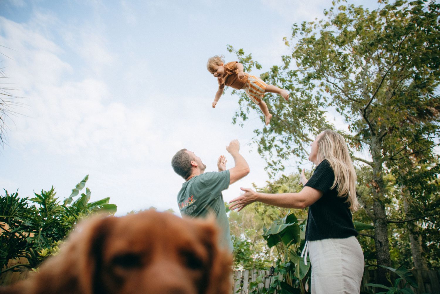 Panoramic view of family playtime in lush backyard garden setting.