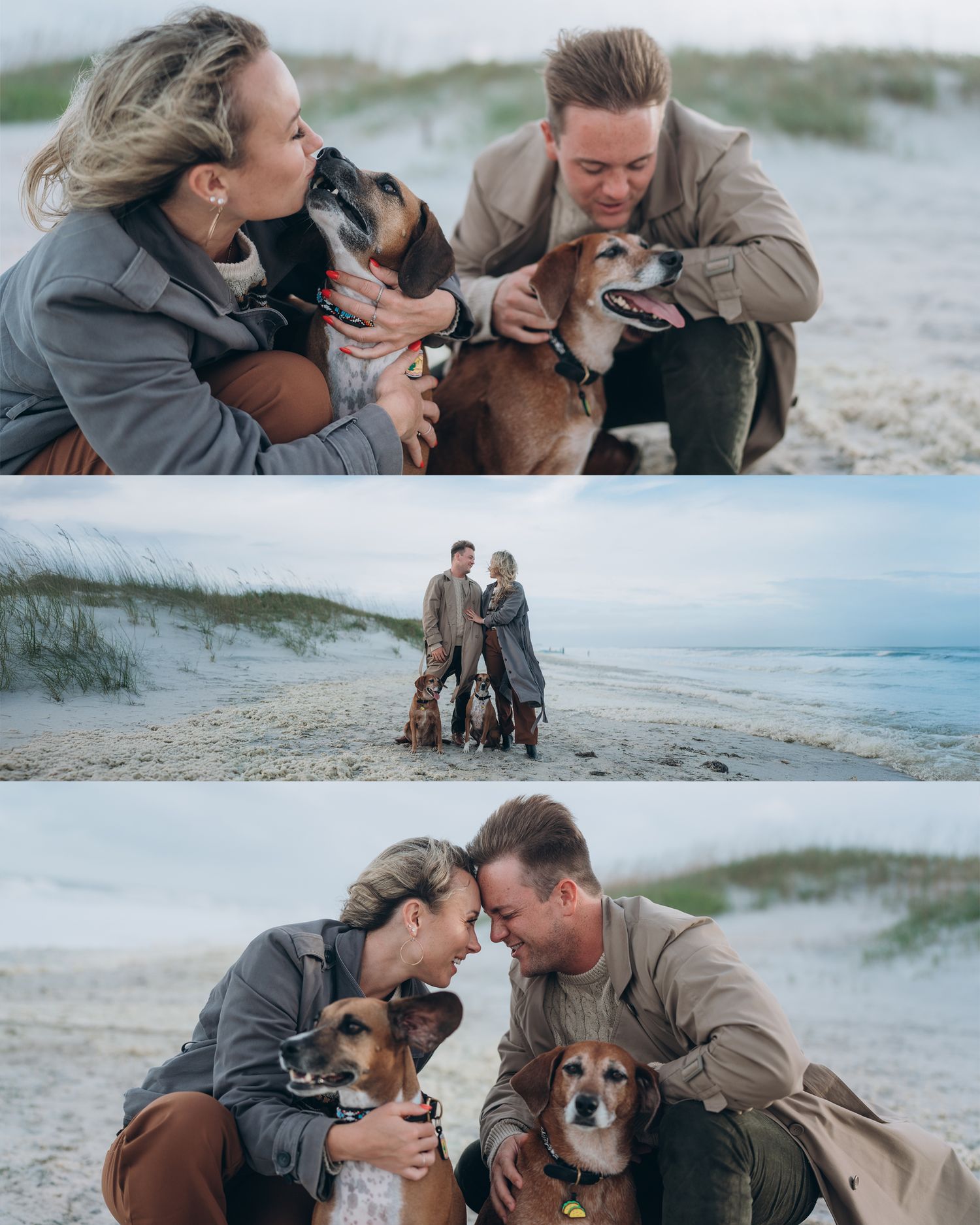 A couple shares joyful moments with their two dogs on a misty beach during a casual photo session.