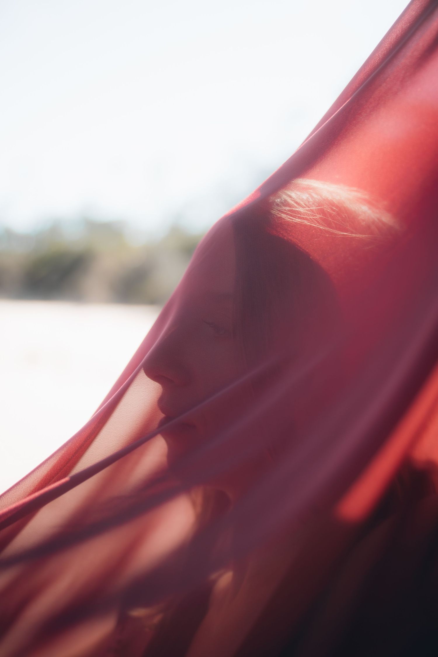 Artistic macro shot of translucent red fabric with sunlight creating soft shadows and highlights.