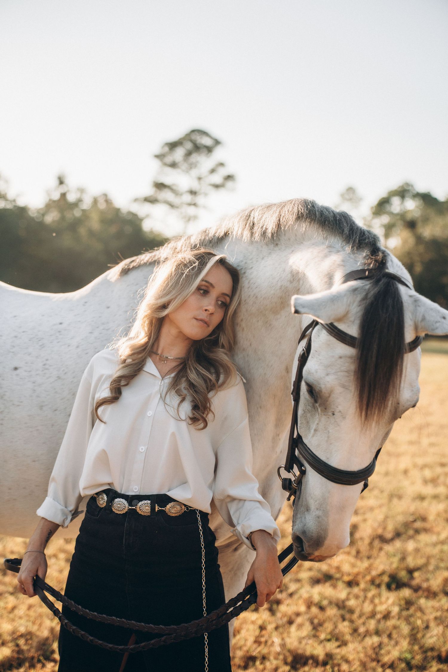 A dreamy photoshoot in a field at sunset with a white horse and someone wearing a white blouse and dark pants.