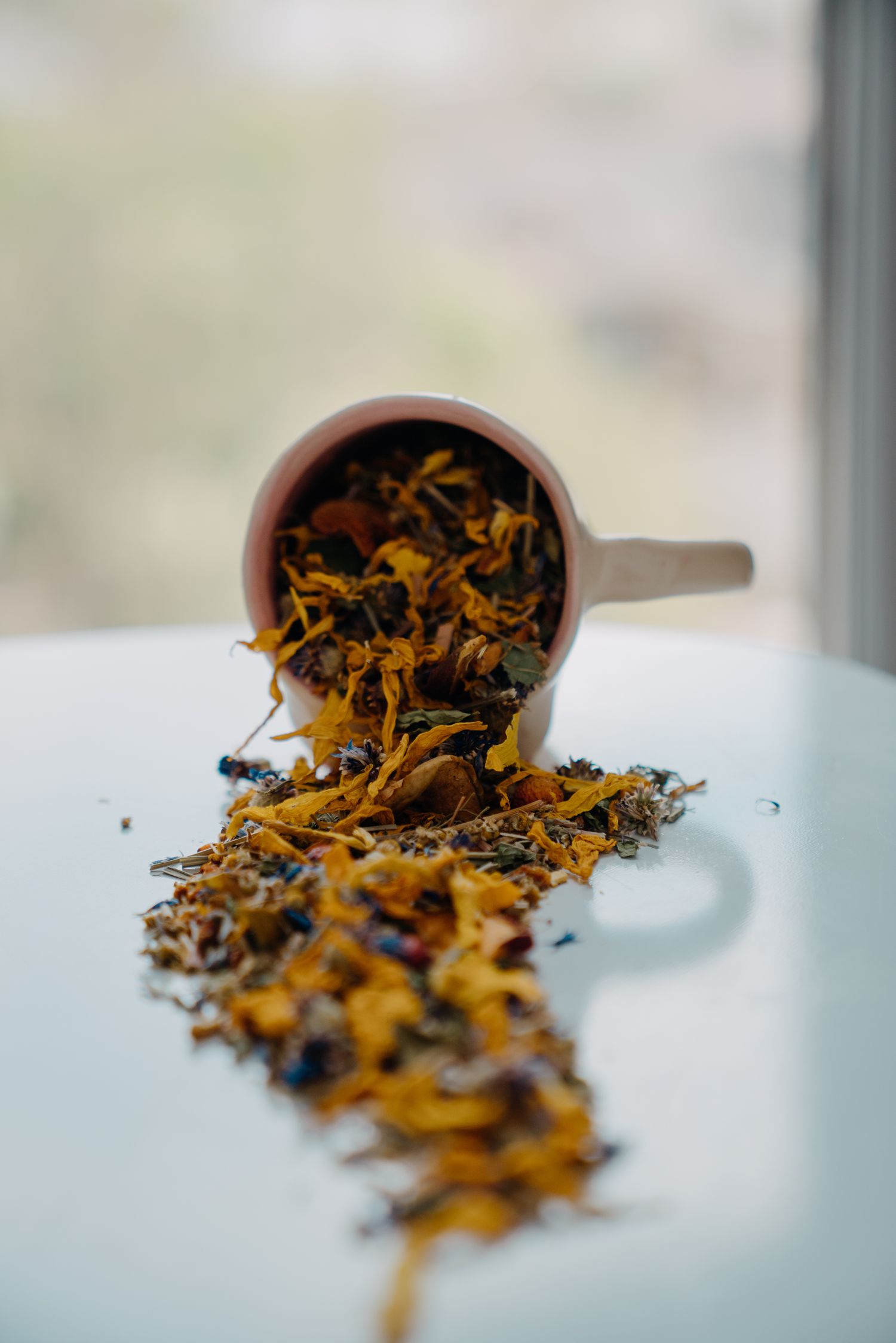 Dried herbal tea blend spilling from a pink ceramic cup onto a white surface near a window.
