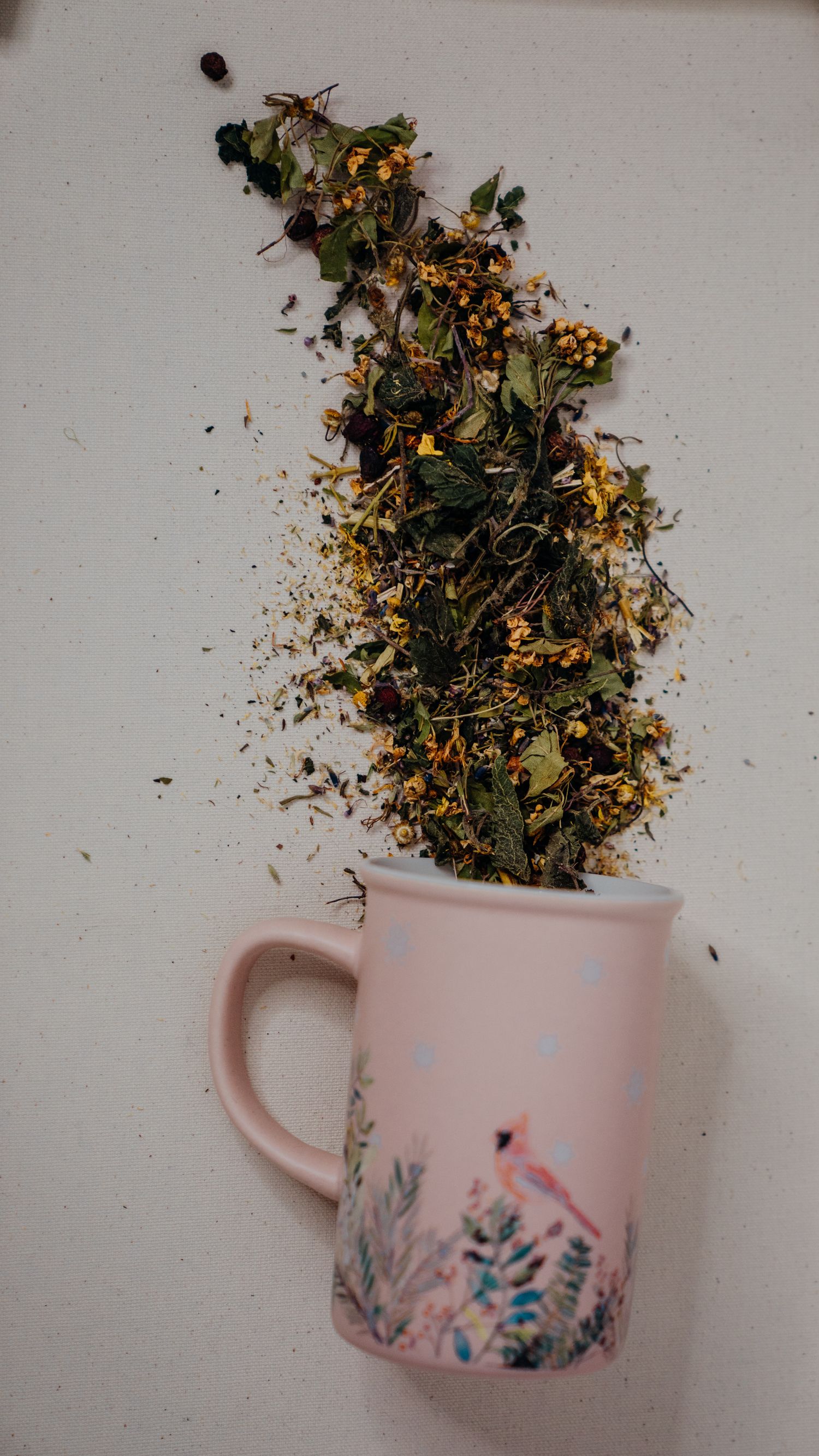 Dried herbal tea blend spilling out of a pink floral ceramic mug on a white surface.