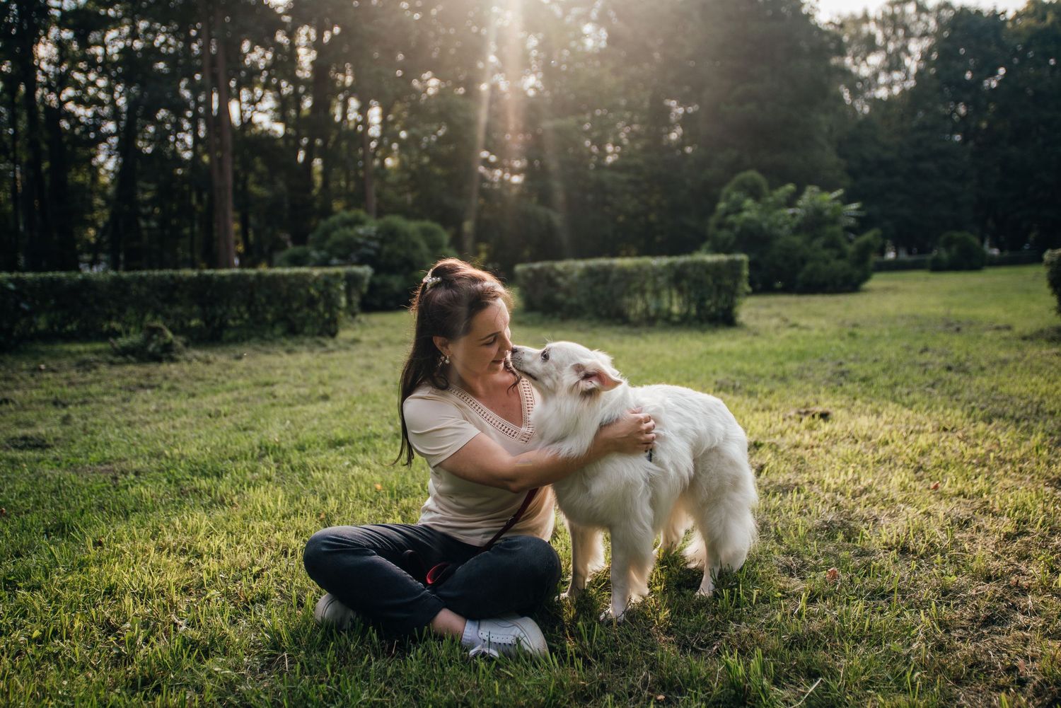 Woman sitting on grass hugging a fluffy white dog in a sunny park with trees in the background.