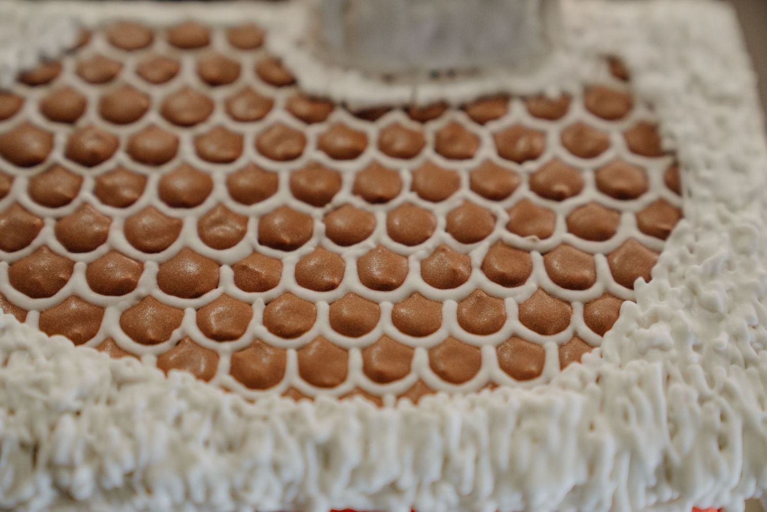 Close-up of a decorative cake with honeycomb pattern, brown chocolate dots, and white cream border frosting.
