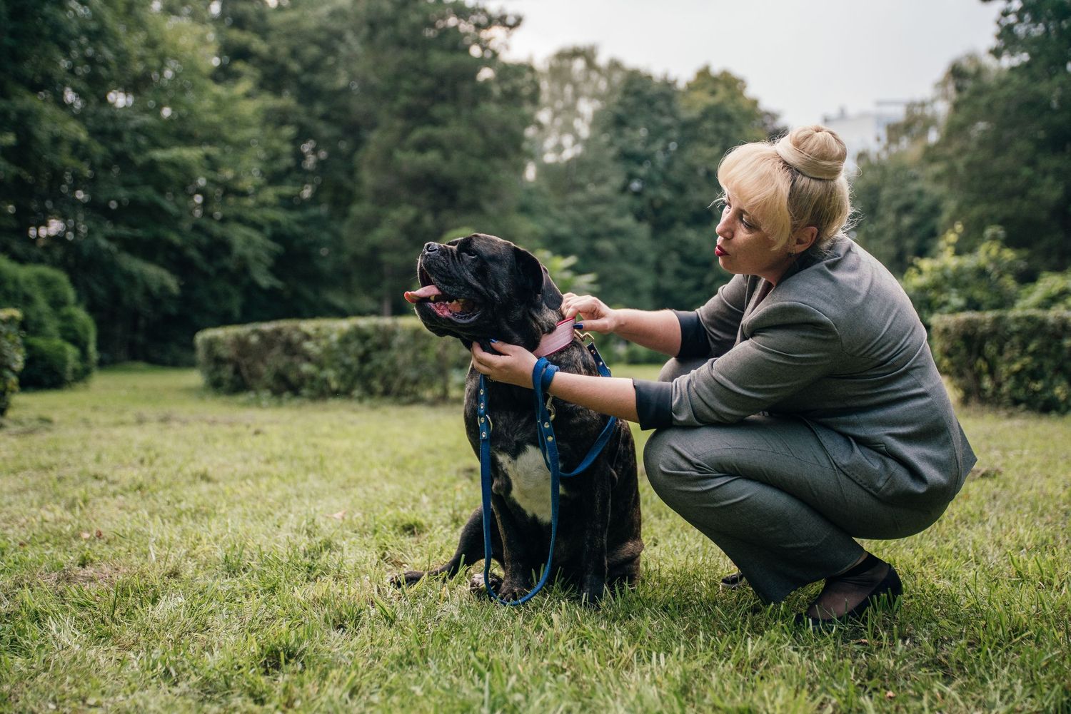 Woman crouching on grass in a park, affectionately petting a large black dog wearing a harness.