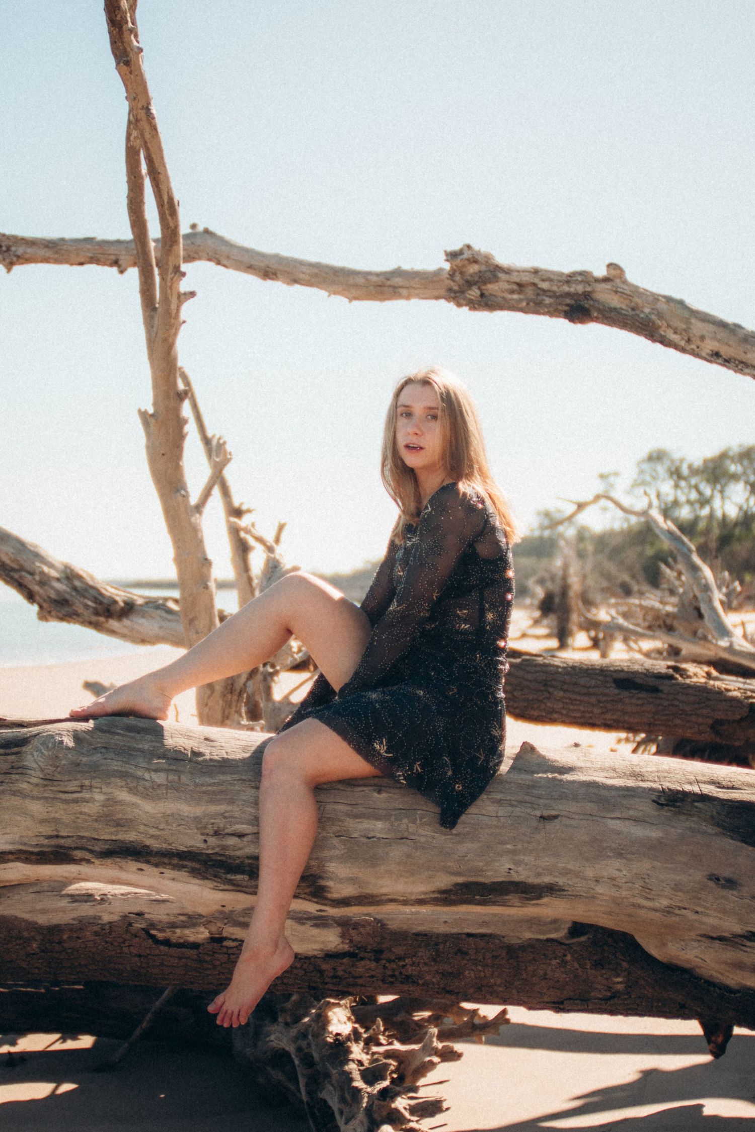 A person in a black dress sits on a fallen tree trunk at the beach during golden hour.