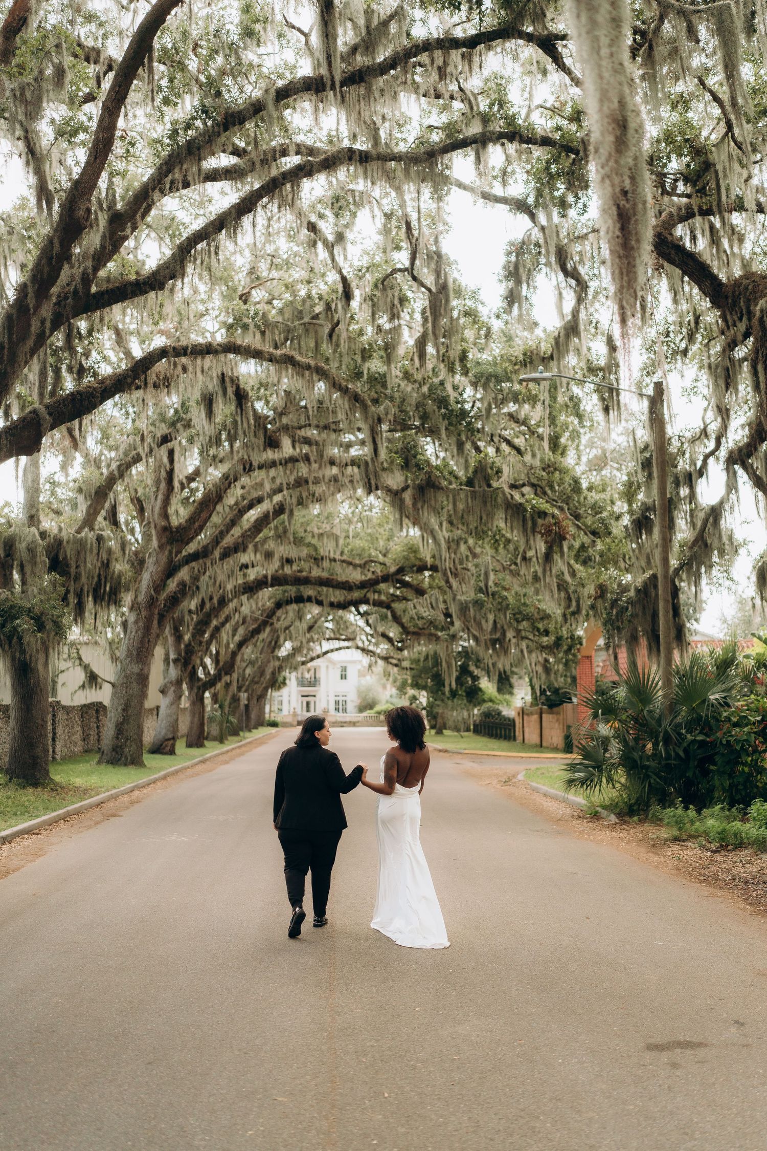 A couple walks down a tree-lined avenue with Spanish moss hanging from oak branches.
