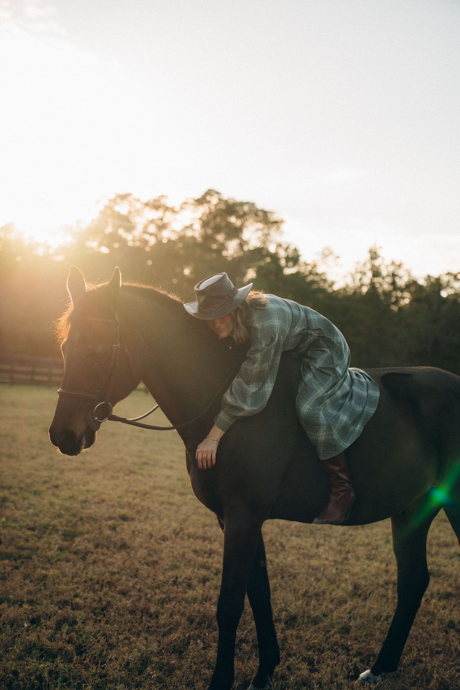 A rider in plaid embraces their horse during golden hour in a pasture.