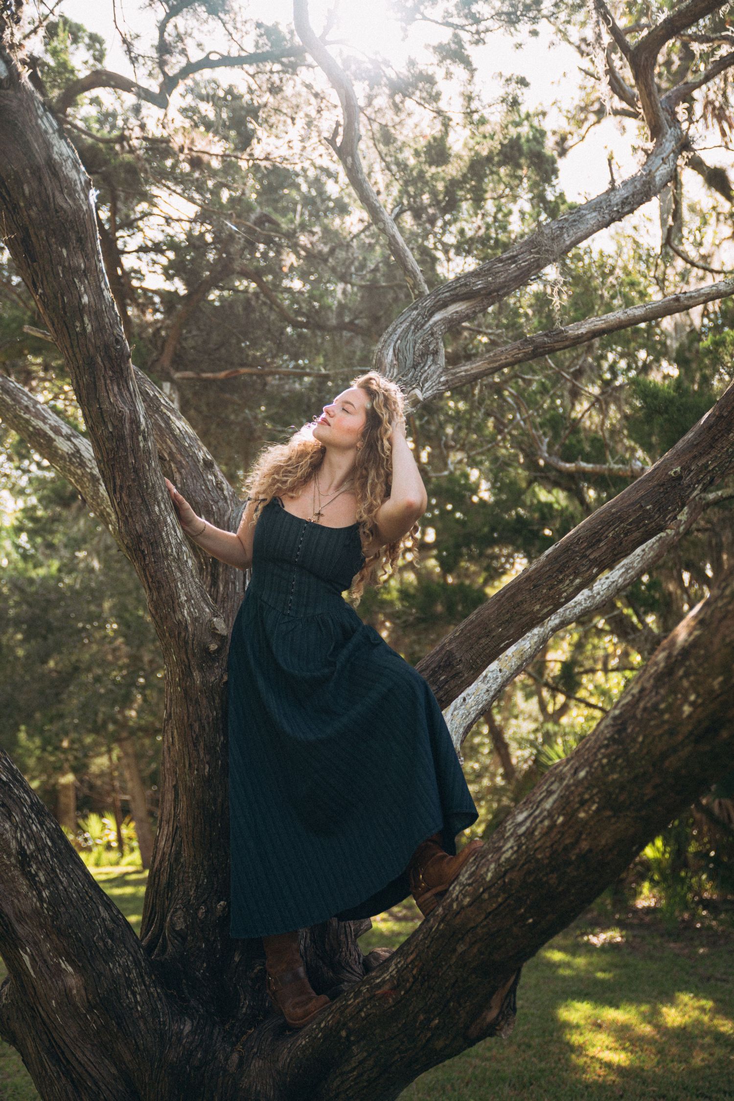 A figure in a dark dress poses gracefully among twisted tree branches in golden afternoon light.