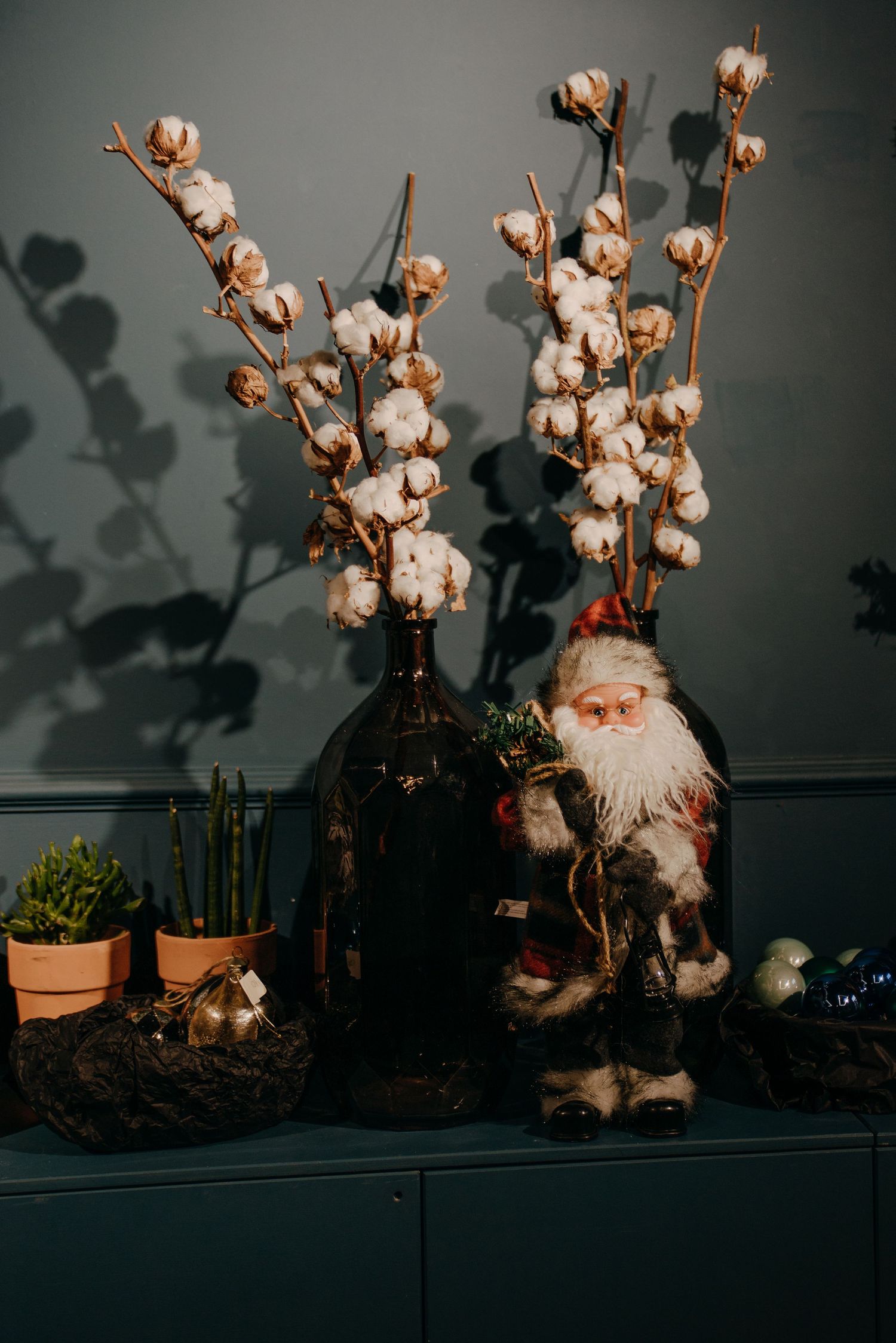 Santa Claus figurine beside a dark vase with cotton branches and small potted plants on a teal cabinet.