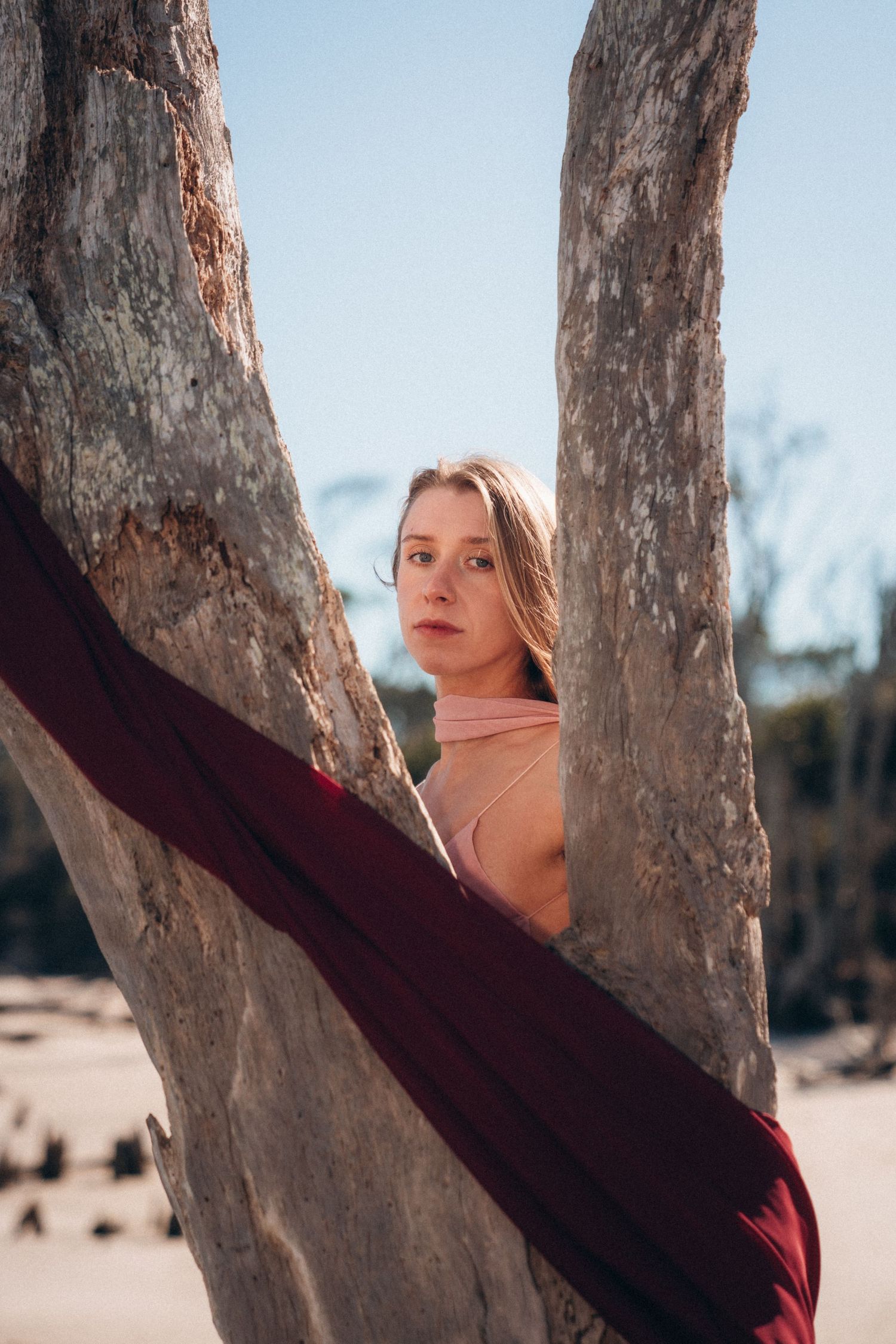 Person in red clothing poses artistically near large tree trunk on sunny day.