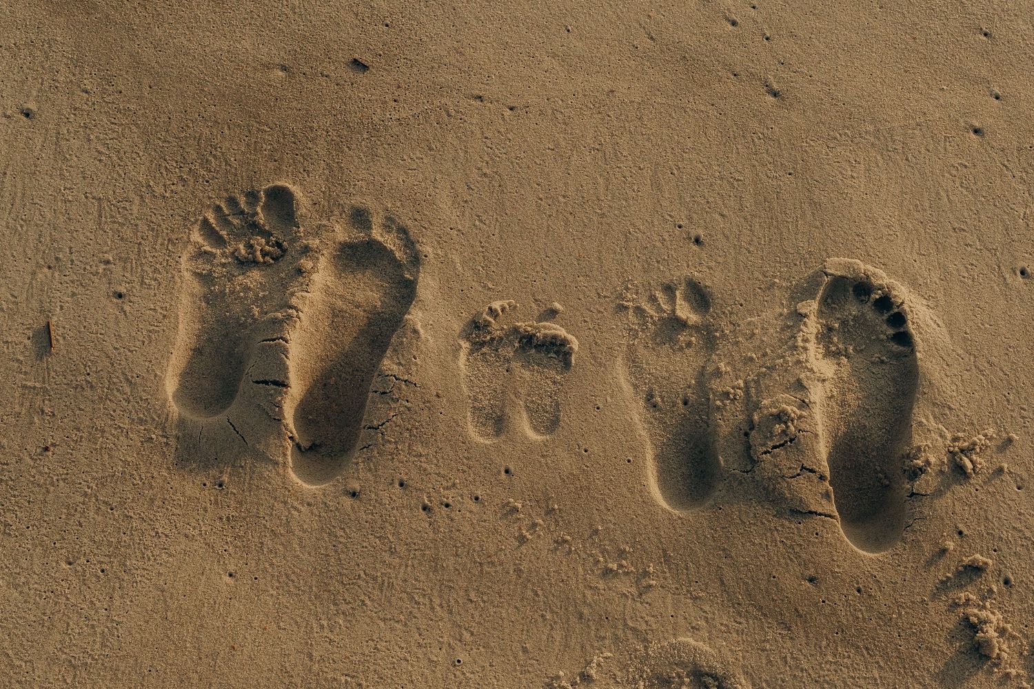 Three barefoot footprints in wet sand on a beach, showing two adult and one child footprint.