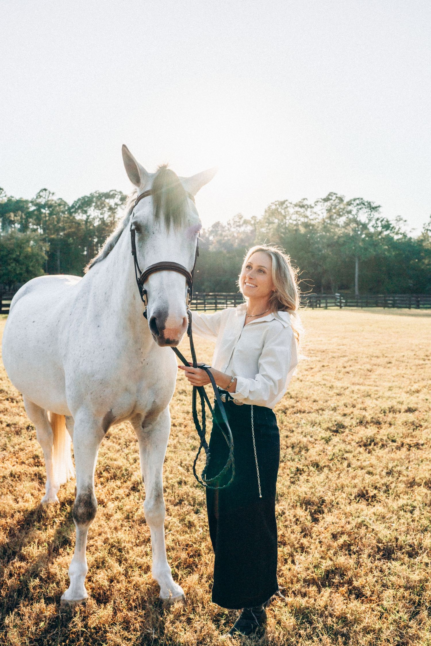A beautiful white horse and its handler stand in a sunlit pasture during golden hour.