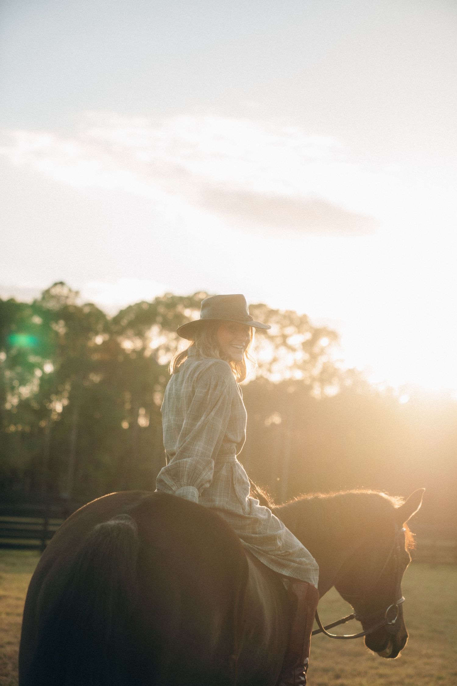 A rider on horseback silhouetted against a golden sunset in a pastoral field with trees in the background.