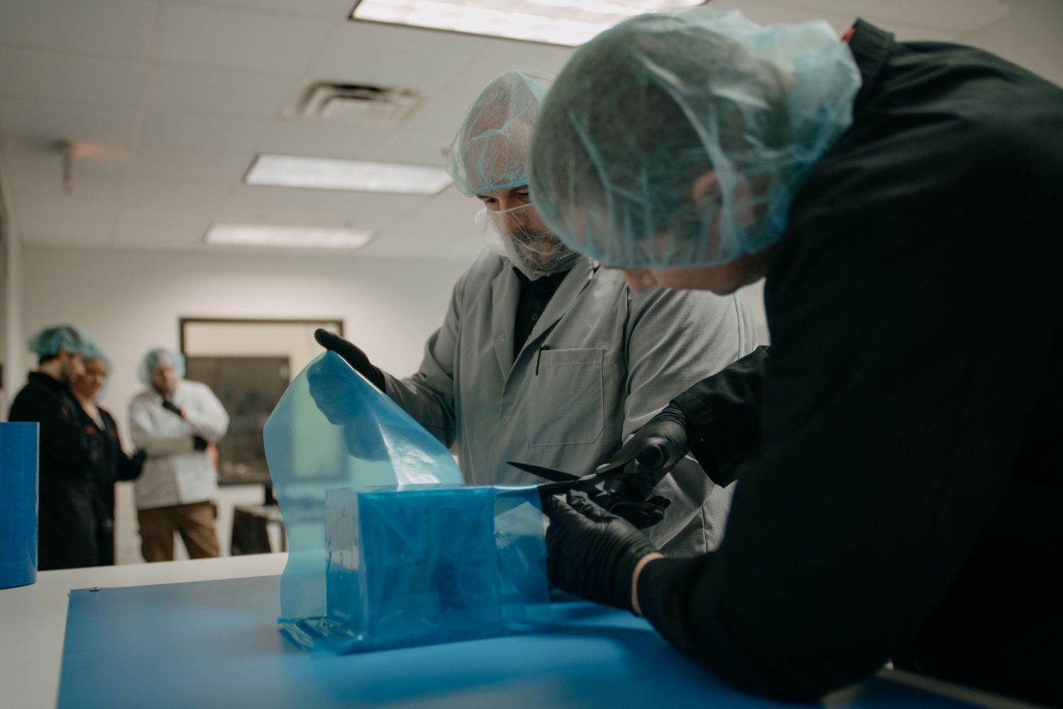 Lab technicians in hairnets and gloves examine blue samples in a sterile laboratory environment.