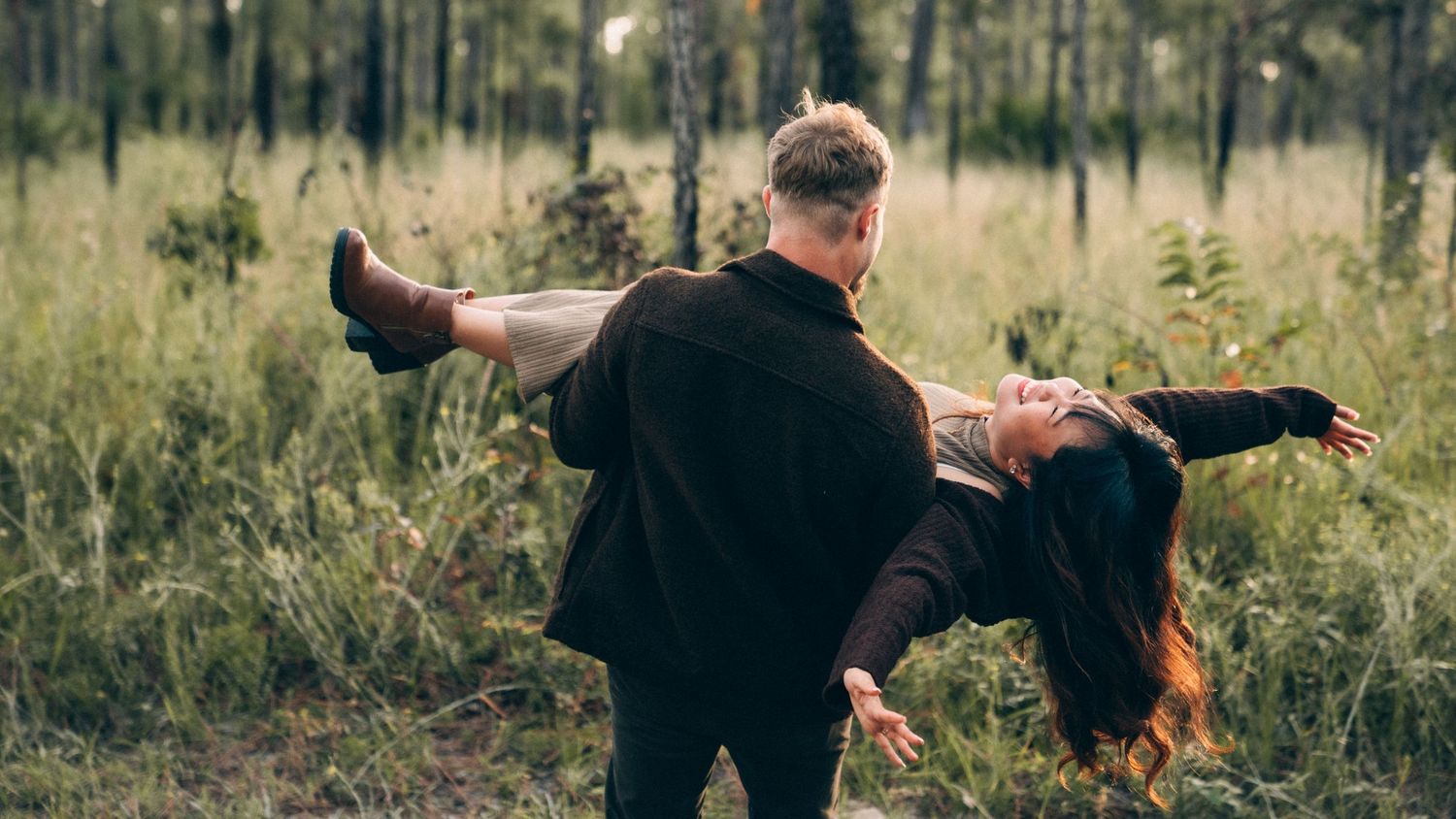 Series of candid moments captured in a wooded area showing playful interaction between two people.